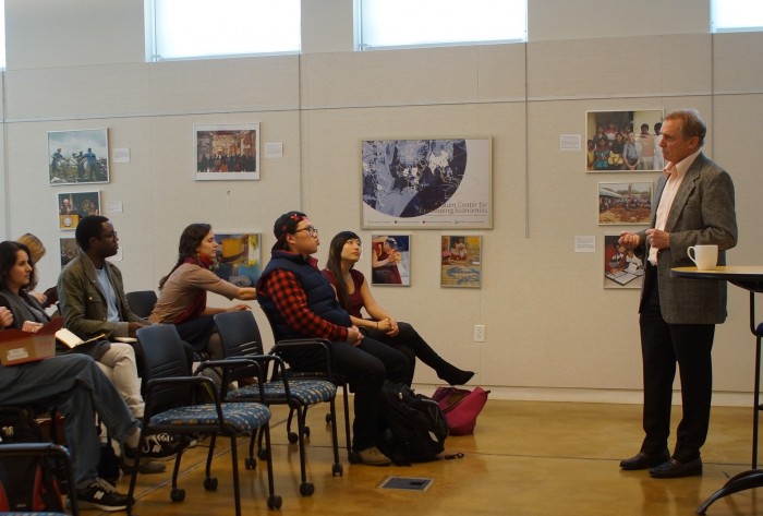 FINCA International's President and CEO, Rupert Scofield, shared his experiences in microfinance and development work with UC Berkeley students.