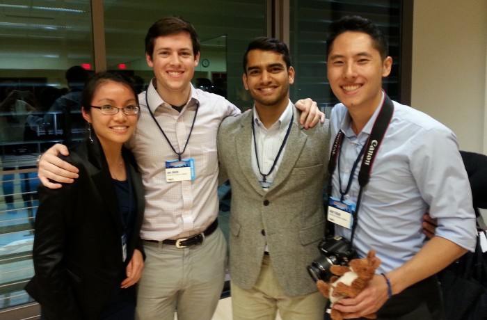 The students behind social impact projects Kanga Kare and Energant took home prizes from CGI-U’s Resolution Project Social Venture Challenge pitch competition. Pictured from left to right: Jacqueline Nguyen (Energant) and Ian Shain, Asad Akbany, and Gary Duan (Kanga Kare).