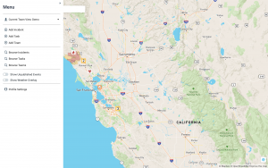 A digital map interface displays the state of California, focusing on the northern and central regions. The map includes major highways, cities, and geographical features such as Yosemite National Park. On the left side, a menu provides options for managing incidents, tasks, and teams. The map also features icons indicating the location of current incidents or events, marked with numbers and symbols, including a flame icon suggesting a fire incident