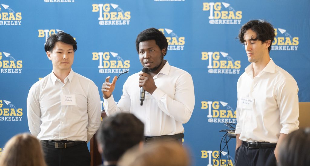 The Madojo team, (L-R) Daniel Huang, Victor Okoro and Joshua Iokua Albano, won the 2022 Binance-LIFT “Blockchain for Social Good” Grand Prize. (Adam Lau / Berkeley Engineering)