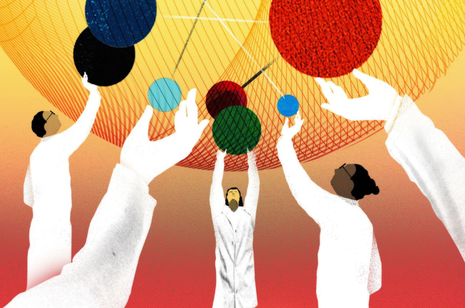 An abstract illustration of scientists wearing white lab coats and holding up variously colored and sized spheres. The background features a gradient from orange to red with intersecting lines, creating a dynamic and scientific atmosphere.