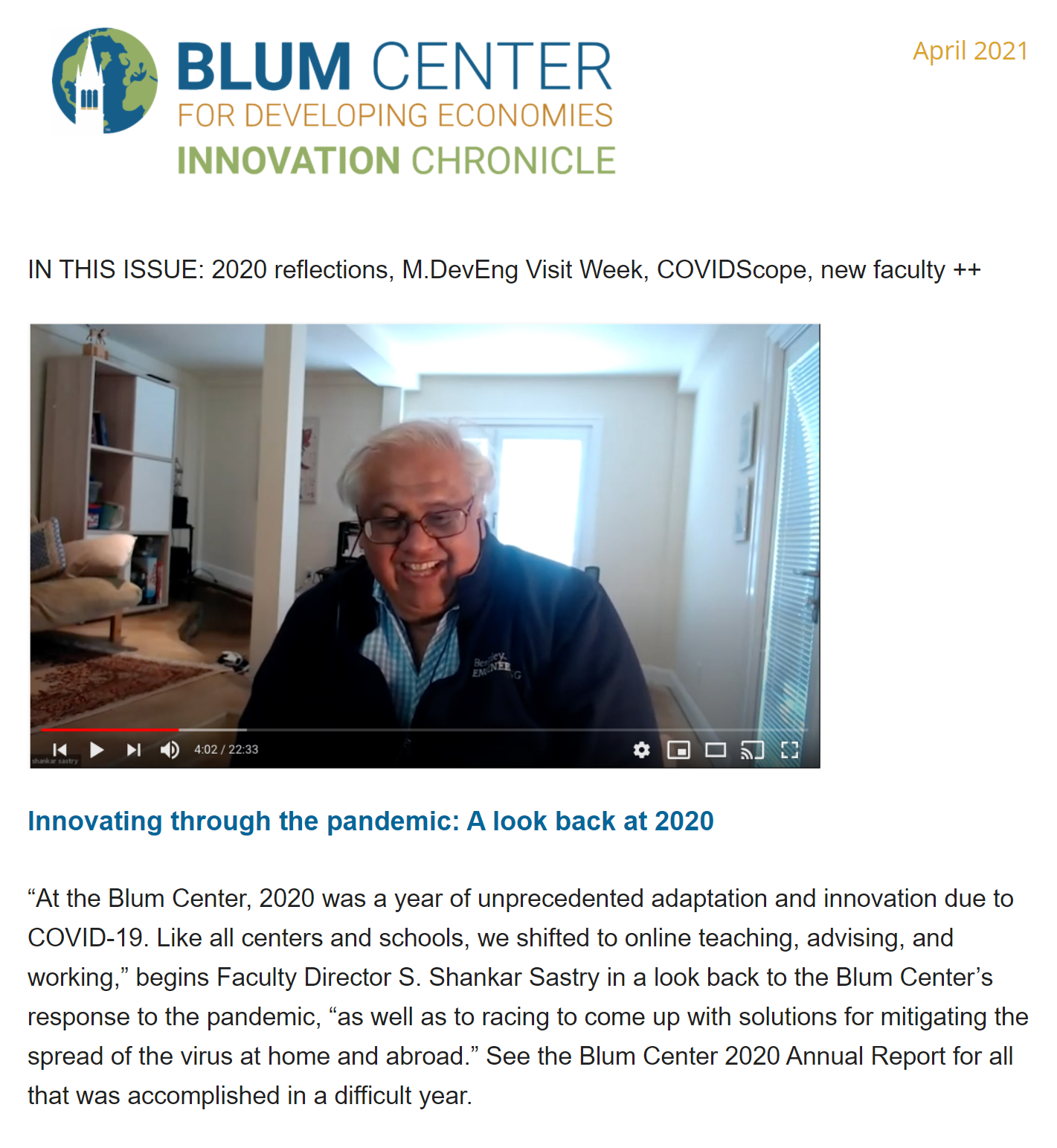 Blum Center April 2021 newsletter cover