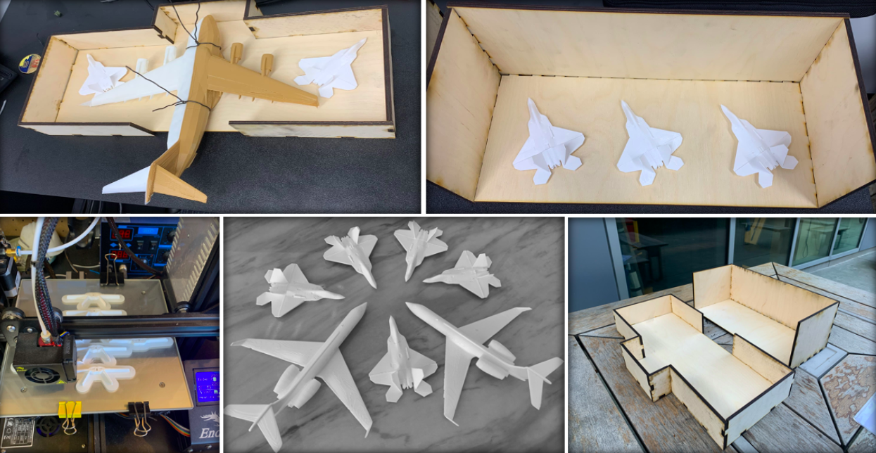 Several 3D printed model airplanes and their assembly.