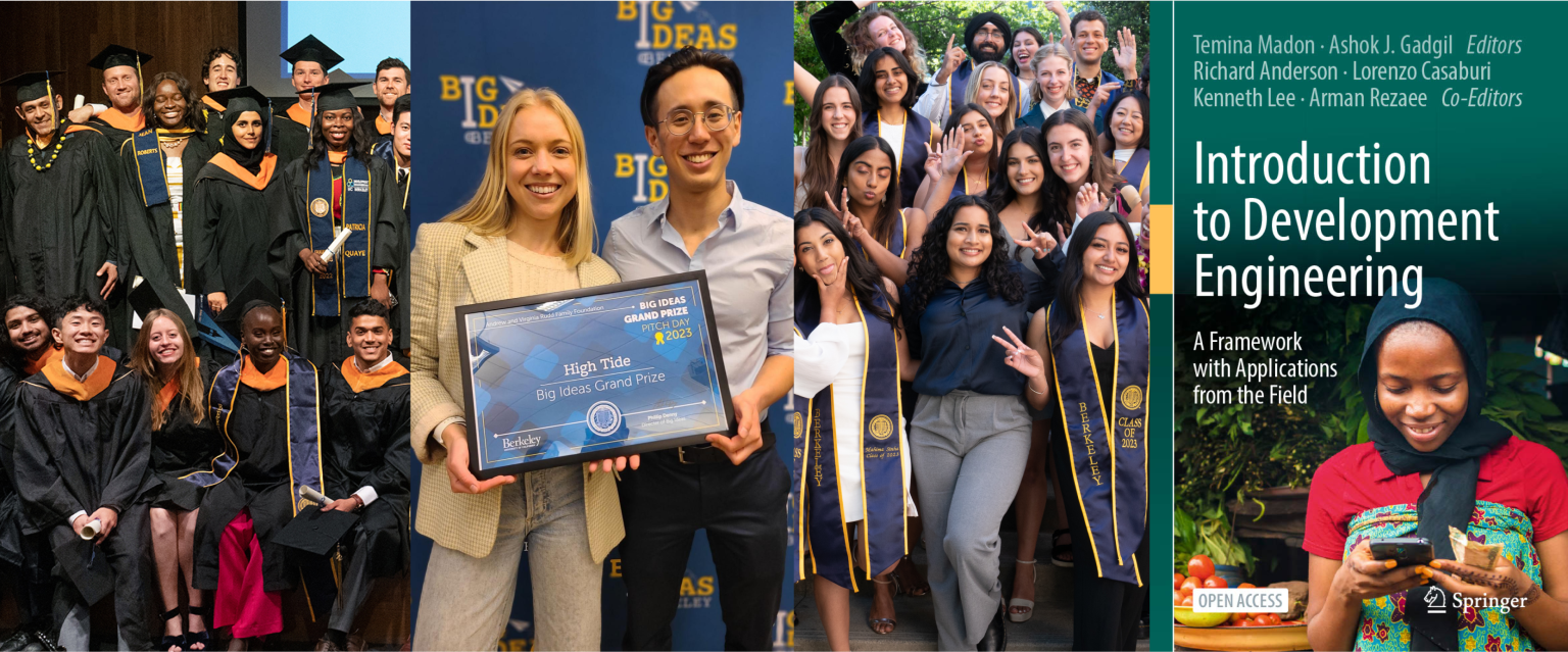 A collage depicting various 2022-23 year activities. Graduation Ceremony: A group of graduates in caps and gowns, smiling and celebrating their accomplishment. Award Presentation: Two individuals holding a framed certificate for "High Tide" as the Big Ideas Grand Prize winner of 2023, standing in front of a "Big Ideas" backdrop. Group Photo: A diverse group of students wearing sashes that read "BERKELEY Class of 2023," joyfully posing together. Book Cover: The cover of a book titled "Introduction to Development Engineering: A Framework with Applications from the Field," featuring a smiling young woman engaged in a task.